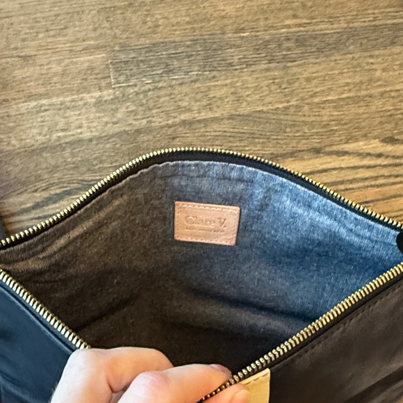 Clare V Foldover Clutch Black Leather w/ Blue and White Stripe EUC - Picture 4 of 9